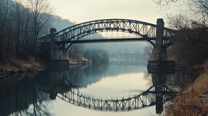 Fototapeta premium Old Iron Bridge Reflecting in Calm River Water
