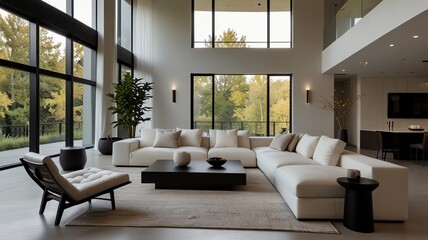 Fototapeta premium Here are a few options for a description of the image, all under 200 characters:**Option 1 (Focus on style):**>Modern living room with large windows, high ceilings, and a spac