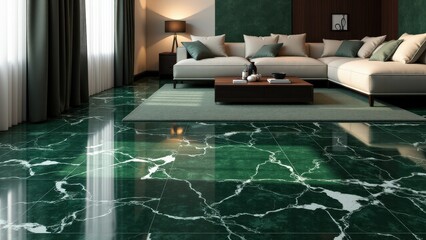 Obraz premium A refined minimalist space with dark green marble floor tiles and light