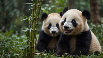 Fototapeta premium Here are a few options for your stock photo description, all under 200 characters:**Option 1 (Focus on cuteness):**> Adorable giant pandas nestled together in lush bamboo fores