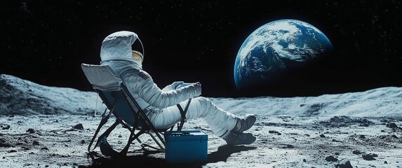 Lunar Astronaut Enjoys a Beer on Moon Surface While Relaxing in a Beach Chair with Earth in the Background