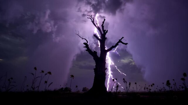 Dramatic Lightning Strikes Dead Tree Amid Stormy Sky and Clouds, Showcasing Natures Powerful Energy and Surrounded by Vibrant Flowers