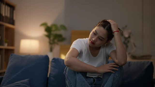 Depressed young Asian woman sitting on sofa at home, Frustrated confused Sad female feels unhappy problem in personal life quarrel breakup with boyfriend or unexpected pregnancy concept