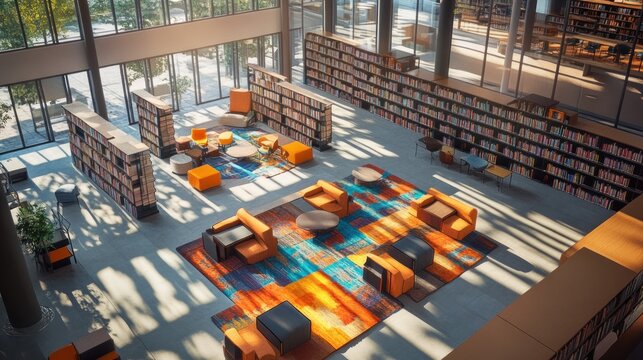A spacious library interior with vibrant seating and bookshelves, designed for reading and study.