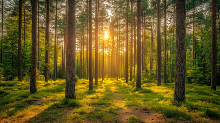 Fototapeta premium dense forest with tall pine trees, dappled sunlight filtering through the canopy, serene atmosphere