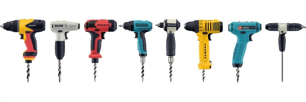 Eight cordless drills with various colors and designs, isolated on white background.