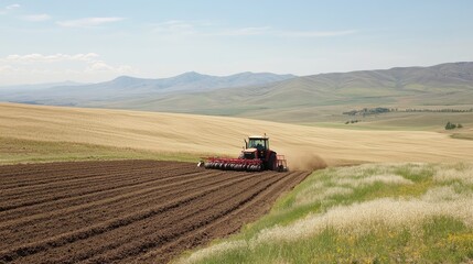 Red Tractor Plowing Fields in Serene Countryside Landscape