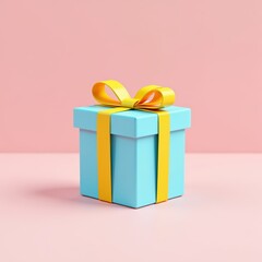 Obraz premium A vibrant blue gift box with a yellow ribbon, set against a soft pink background, creates a cheerful and celebratory mood.