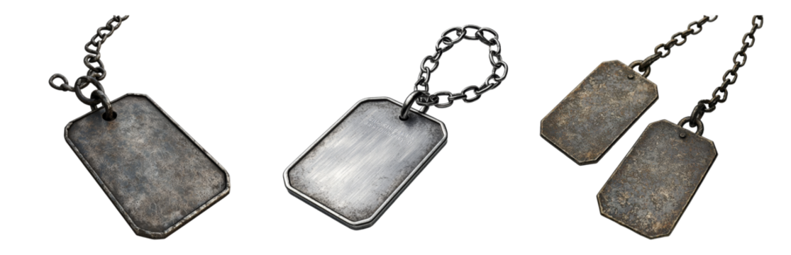 Vintage Metal Dog Tags with Chain Links Isolated on transparent background png - Powered by Adobe