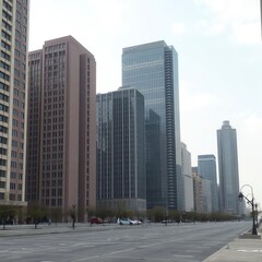 Fototapeta premium Here are a few options for your stock photo description, all under 200 characters:**Option 1 (Concise):**> City skyline, modern skyscrapers, urban landscape, empty street, gray