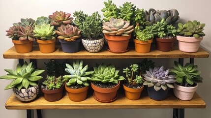 Various Succulent Plants Arranged on Wooden Shelves for Display