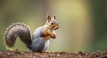 Fototapeta premium Eurasian Red Squirrel Sitting on Forest Floor