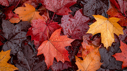 A vibrant array of autumn leaves, showcasing rich reds, oranges, and yellows, glistening with rain droplets on a wet surface.