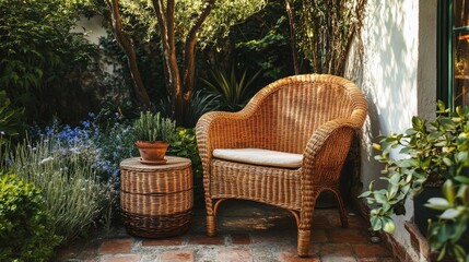 Obraz premium Cozy wicker chair beside potted plant in tranquil garden setting