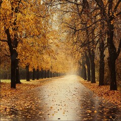 Fototapeta premium Serene autumn path lined with golden trees