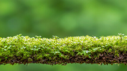 A close-up view of a moss-covered log, showcasing vibrant green moss and small plants against a blurred green background.