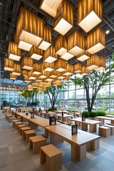 Obraz premium Modern Minimalist Restaurant Interior with Wooden Tables and Unique Lighting Fixtures.