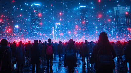 Obraz premium vibrant crowd of people interconnected by glowing lines symbolizing global connectivity, digital networks, and shared human experiences in a dynamic and visually striking composition