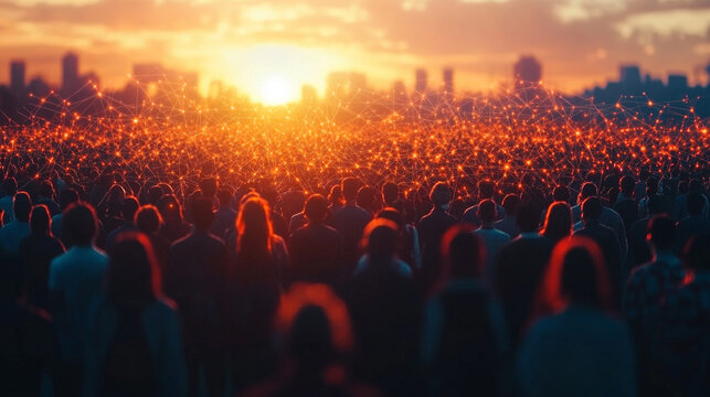 vibrant crowd of people interconnected by glowing lines symbolizing global connectivity, digital networks, and shared human experiences in a dynamic and visually striking composition