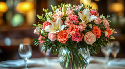 Obraz premium bouquet of roses and lilies in a glass vase, set on a table with soft lighting