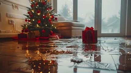 Christmas morning disaster flooded floor with presents and tree.