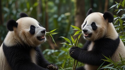 Fototapeta premium Here are a few options for your stock photo description, all under 200 characters:**Option 1 (Focus on action):**> Two adorable pandas enjoy a delicious bamboo lunch together i