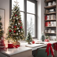 Simple Home Office with Christmas Accents and Small Desktop Tree in Minimalist Style  

