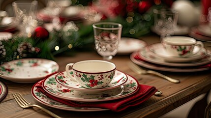 Close-up of a table set with red napkins, green garlands, and holiday plates.