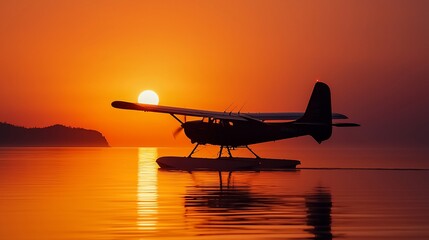 Fototapeta premium Silhouette of seaplane at sunrise over calm water.