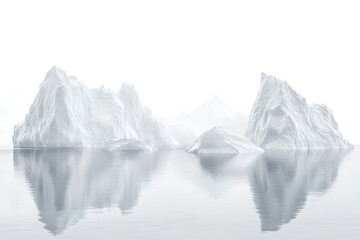 A dramatic Arctic landscape with towering icebergs reflected in calm, icy waters under a pale winter sky