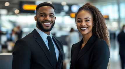 two friendly airport check in agents stand smiling at the camera at the airport