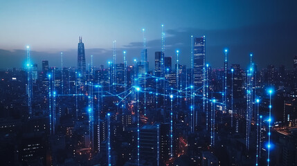 Fototapeta premium Smart digital city with connection cyber security network reciprocity over the twilight cityscape.future wireless digital city and social media networking systems that connects people within the city 