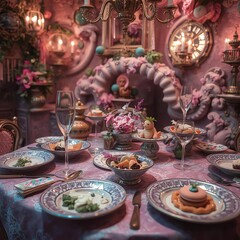 Fototapeta premium Here are a few options for your stock photo description, all under 200 characters:**Option 1 (Focus on luxury):**> Luxurious whimsical dining scene