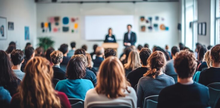 Lecture Hall Presentation with Male Speaker and Engaged Audience in University Workshop