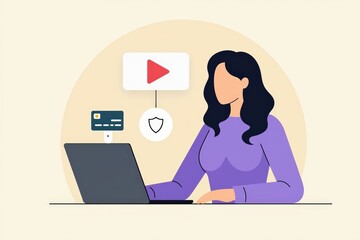 Female using a laptop for online shopping and streaming with digital security icons in a modern illustration.