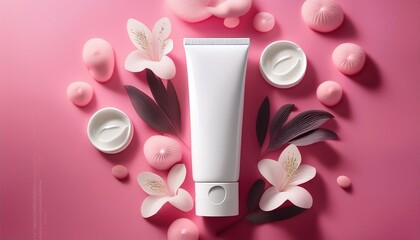 White tube of skincare product on pink background with paper flowers.