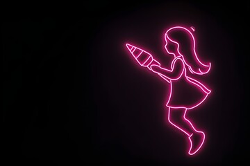An eye-catching neon pink outline of a girl with a new year rocket isolated on a black background with a 3:2 aspect ratio at 50% scale.