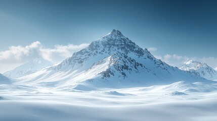 Majestic Snow-Capped Mountain Under Clear Blue Sky in Winter Landscape