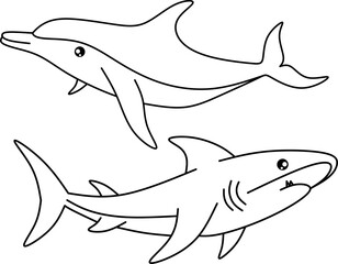 Dolphin and shark line art for children coloring book
