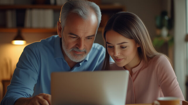 Photo of a older man and daugter in her end fourties looking at a laptop in a home office setting. The desk is cluttered with coffee and work materials. The middle-aged man is wearing a blue shirt, an