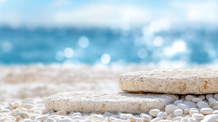 serene summer beach scene featuring golden sand, tranquil waves, and a blurred background creating the perfect setting for product placement, evoking feelings of relaxation and wanderlust