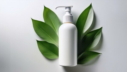 White pump bottle surrounded by lush green leaves.  Clean, natural beauty product.