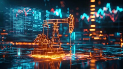 Futuristic oil pump jack in digital interface with data visualization, representing oil industry and financial market trends.