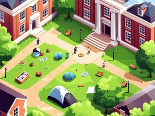 College Campus Aerial View with Students Camping Out.