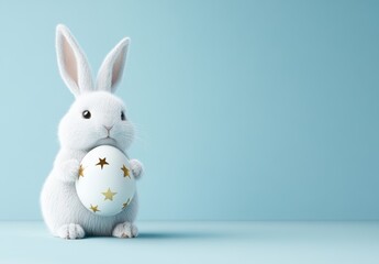 Easter Rabbit Holding Decorative Egg on Light Blue Background