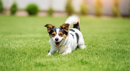 Happy Little Dog Playing in the Grass