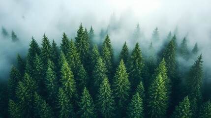 Fototapeta premium Misty Evergreen Forest Aerial View