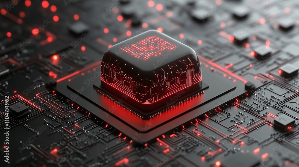 Wall mural close-up of a glowing red cpu on a circuit board.