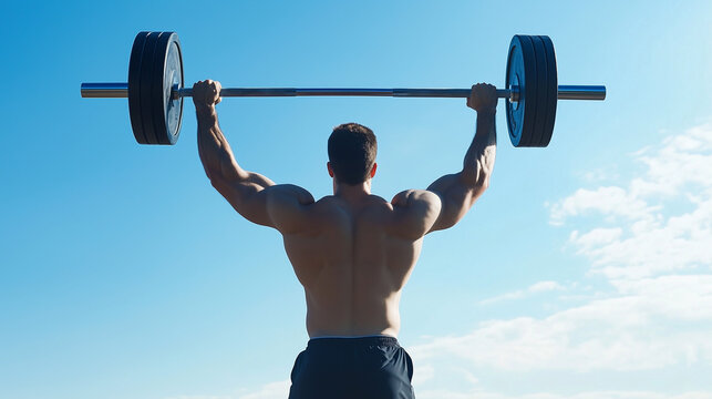 Strength Against the Sky: A muscular man raises a heavy barbell overhead, his back to the camera, showcasing his sculpted physique and unwavering determination against a backdrop of a bright blue sky.