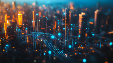 Naklejka premium Smart digital city with connection cyber security network reciprocity over the twilight cityscape.future wireless digital city and social media networking systems that connects people within the city 
